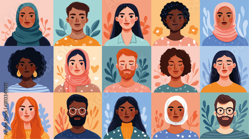 다양한 인종과 문화적 배경을 가진 사람들의 다채로운 초상화 모음, 평등과 포용을 상징