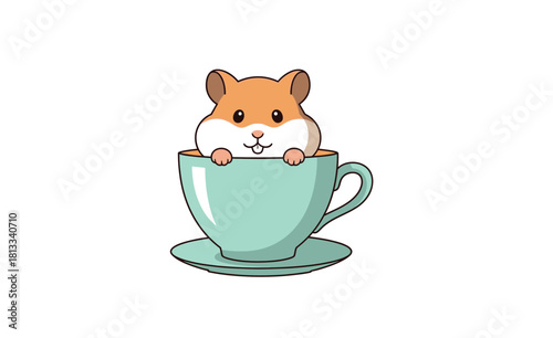 A cute cartoon vector illustration of a funny kitten sitting in a coffee cup on a saucer representing the love for pets and breakfast beverages
