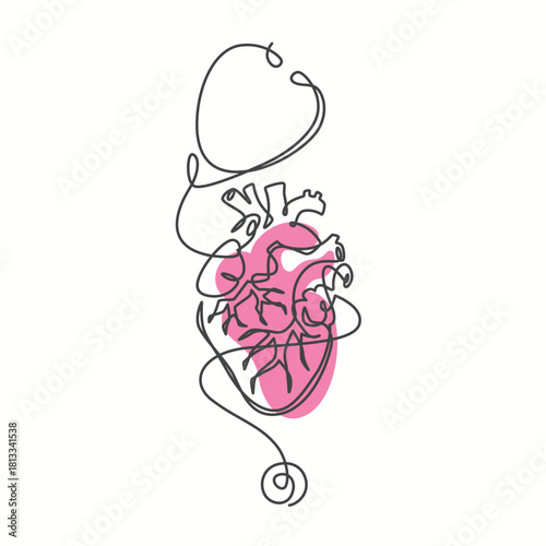 Stethoscope and heart organ one line drawing. Stethoscope and heart organ single line illustration. Stethoscope and heart organ minimalist line art. Stethoscope and heart organ vector art