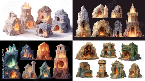 Fantasy illustration of glowing stone caves and mystical rock houses with warm interior light. Perfect for game design, adventure maps, magical worlds, and fantasy environment concepts.