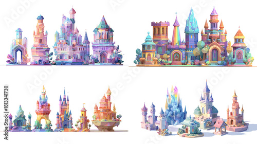 Colorful fantasy castle illustration featuring whimsical towers, magical buildings, and vibrant fairy tale scenery. Ideal for games, storybooks, children themes, and imaginative world design.