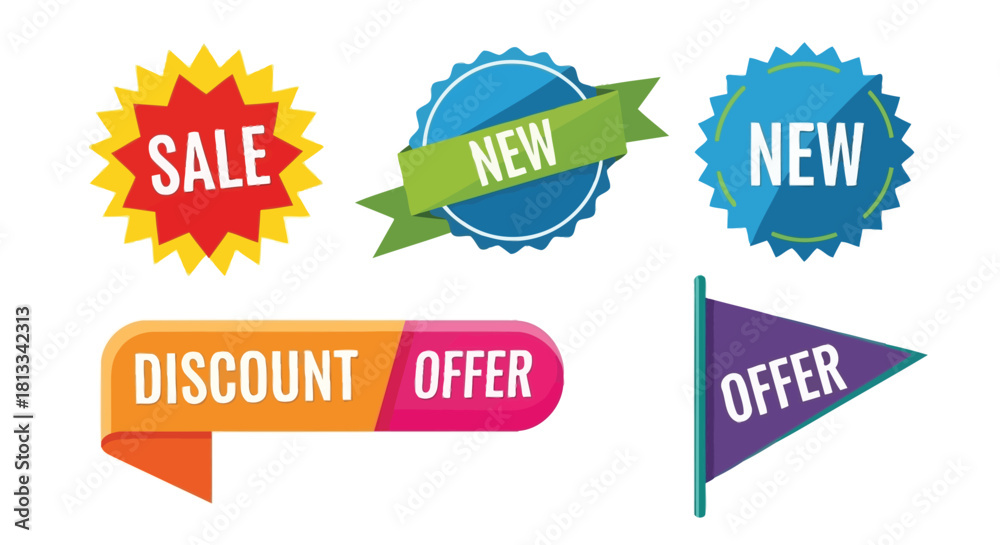 Obraz premium Colorful sale badges and promotional banners displaying discounts and new offers