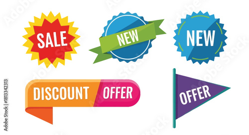 Colorful sale badges and promotional banners displaying discounts and new offers