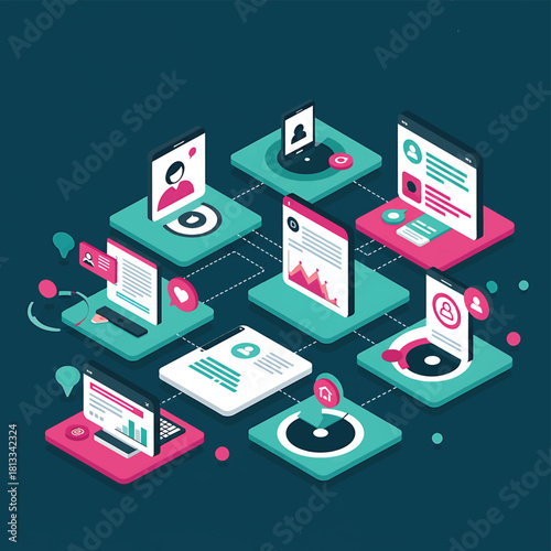 Isometric digital network connecting people profiles and information with vibrant flat design elements