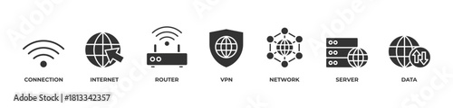 Digital Connectivity Icons set vector illustration glyph with Connection, Internet, Router, Vpn, Network, Server, Data