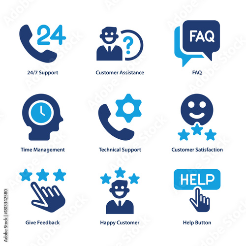 Customer service icon set. Customer Support and Feedback Icon Set experience, feedback, operator and technical support icons. Solid icon collection.