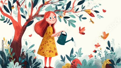 Whimsical Jewish girl joyfully watering a young tree for Tu Bishvat, celebrating growth, ecology, childhood wonder, and the meaningful tradition of nurturing nature.