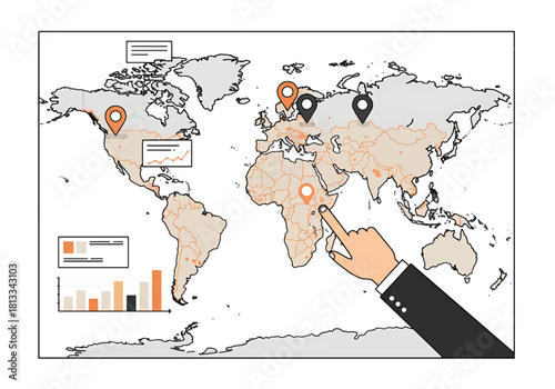 Global economic trends visualized on a world map with data charts and a pointing finger, indicating business growth and investment opportunities