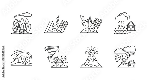 Illustrative depictions of various natural disasters and their impacts