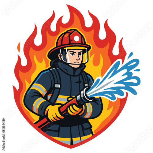 Firefighter Spraying Water with Hose Vector Illustration