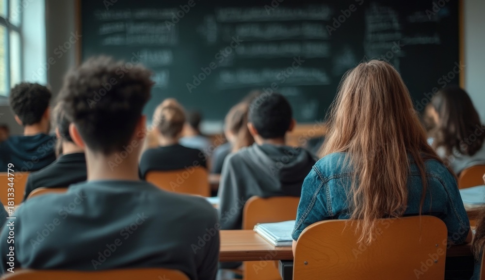 Fototapeta premium A classroom scene showing students attentively listening, with a chalkboard filled with notes in the background.