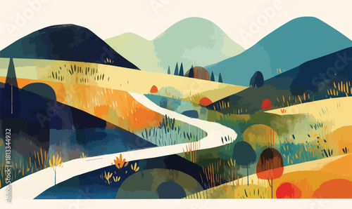 가을 풍경 속 구불구불한 길을 따라 걷는 사람들, 산과 언덕, 따뜻한 색감의 일러스트