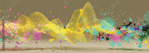 다채로운 색상의 입자가 파동처럼 퍼져나가며 빛나는 추상적인 그래픽 디자인