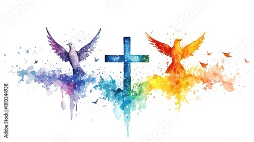 Holy Trinity symbols including cross crown and dove of Holy Spirit watercolor Christian icons on white background vector illustration