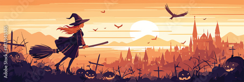 할로윈 밤, 빗자루를 타고 날아가는 마녀와 공동묘지, 도시 풍경, 벡터 일러스트