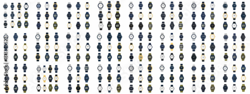Extensive collection of vector wristwatches and timepieces, featuring various analog, digital, luxury, and sport watch designs isolated on white.