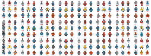 Seamless pattern wallpaper of diverse retro tin toy robots in red, blue, yellow, and gray, illustrating vintage technology, playfulness, and artificial intelligence.