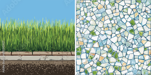 푸른 하늘 아래 잔디밭과 흙, 그리고 다채로운 모자이크 패턴 배경