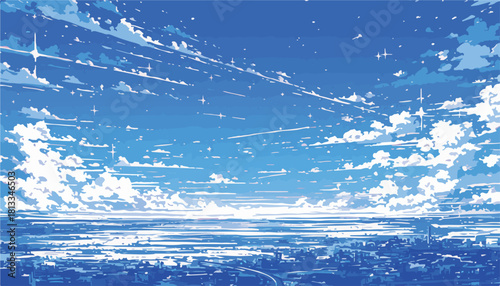 푸른 하늘과 구름이 펼쳐진 도시 풍경, 밤하늘의 별과 빛나는 광경