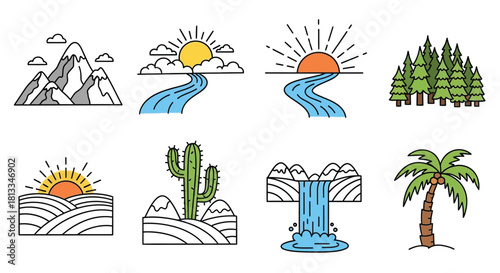 Simple line drawings depicting diverse natural landscapes and weather elements