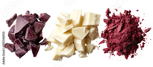 Three types of chocolate pieces isolated on transparent background