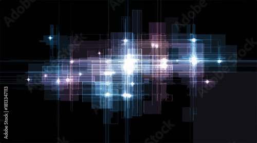 추상적인 빛나는 기하학적 패턴과 별이 검은 배경에 떠 있는 디지털 아트