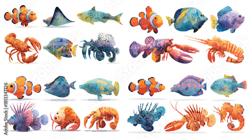 Watercolor illustration set of vibrant sea creatures including fish, lobsters, crabs, and marine animals. Ideal for ocean themes, kids designs, nature projects, and underwater artwork.