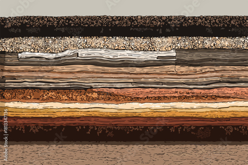 다양한 토양층과 지질 구조를 보여주는 벡터 일러스트레이션으로, 지질학적 연구 및 교육에 적합합니다.