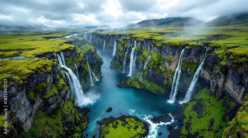 Fototapeta premium Experience the majestic beauty of Icelandic waterfalls cascading through lush green canyons in