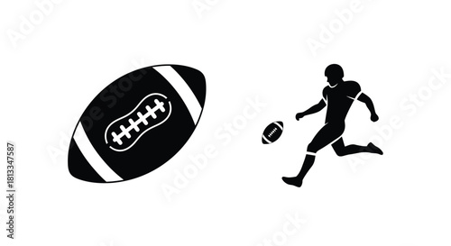 A simple black and white illustration of a football and running player