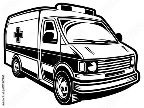 Detailed black and white emergency ambulance service van