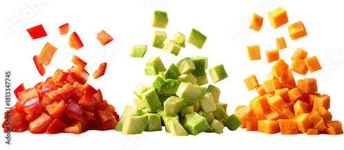 Three piles of diced red bell pepper cucumber slices and lettuce on transparent background