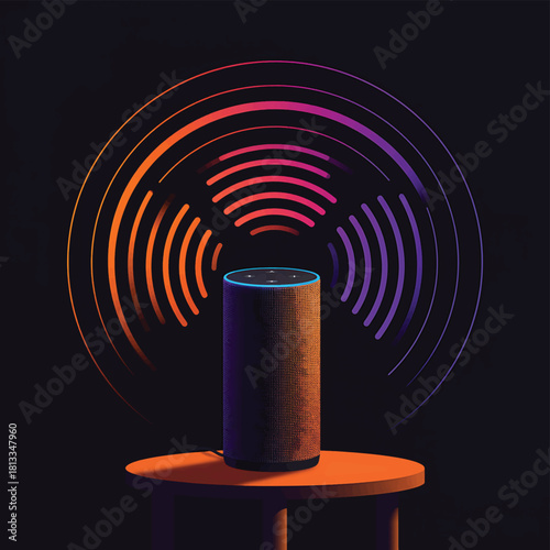 Smart speaker emitting sound waves, representing audio output and voice command technology