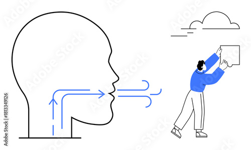 Airflow concept. Illustration showing air movement with a human profile and a figure interacting with wind. Airflow principles for science, education, climate study, weather, and energy