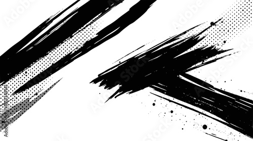 Bold black brush strokes with halftone dots and splatters, isolated on