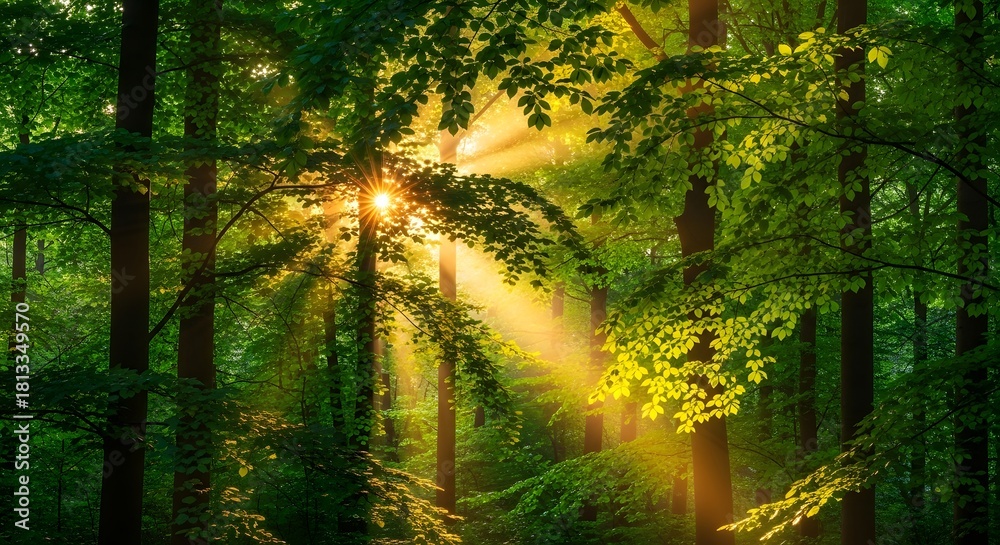 Obraz premium Sunlight shining through green forest trees nature background landscape photography scenic view image