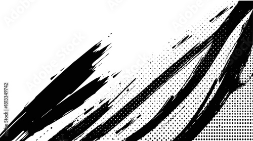 Abstract black grunge brush strokes with halftone texture, dynamic design isolated on