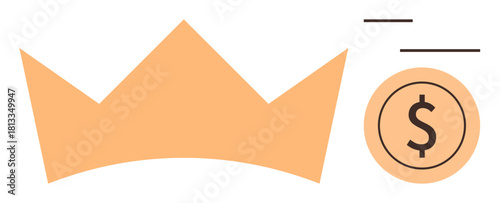 Crown and dollar coin highlighting concepts of leadership, wealth, power, and success. Ideal for finance, business, royalty, achievement investment luxury and status themes. Simple flat metaphor