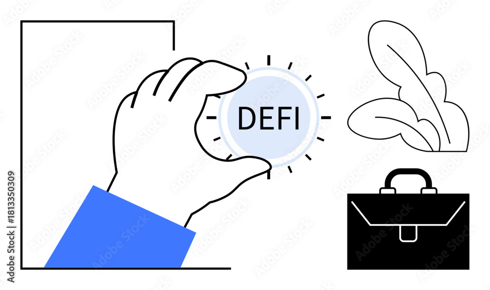 Naklejka premium Hand grasps coin labeled DeFi, representing decentralized finance. Line art includes a briefcase and leaves. Ideal for blockchain, cryptocurrency, investment, economy, innovation, growth fintech