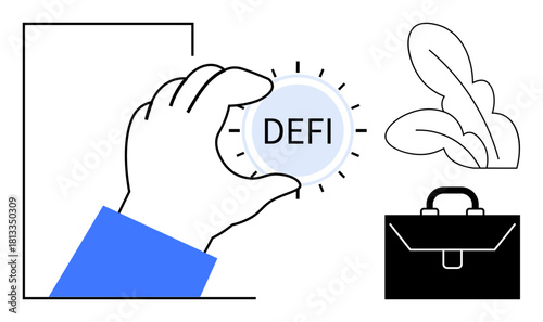 Hand grasps coin labeled DeFi, representing decentralized finance. Line art includes a briefcase and leaves. Ideal for blockchain, cryptocurrency, investment, economy, innovation, growth fintech