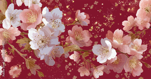 붉은 배경에 금색 반짝임과 섬세한 벚꽃 가지 일러스트
