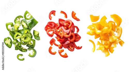 Three piles of chopped bell peppers green red and yellow isolated on transparent background