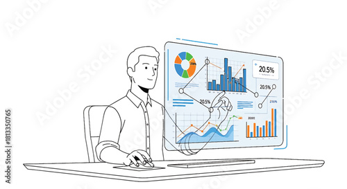 Man analyzing data on a futuristic digital interface with charts and graphs, showcasing business analytics and technology integration