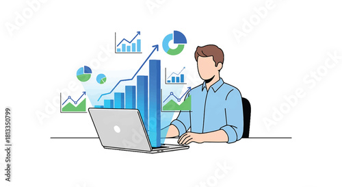 Business growth concept with a man analyzing charts on a laptop