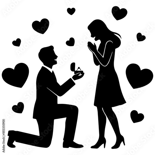 Romantic Silhouette of Man Proposing to Surprised Woman with Heart Background