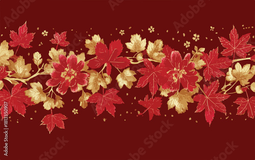 붉은 단풍잎과 금색 꽃이 어우러진 아름다운 가을 패턴, 동양적인 디자인의 배경