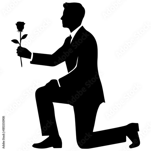 Black Silhouette of Man Kneeling and Proposing with a Single Rose
