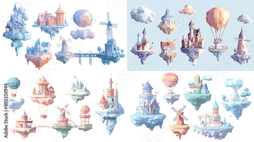 A whimsical illustration set of floating sky islands with castles, windmills, balloons, and clouds, painted in soft fantasy tones. Perfect for game design, magical worlds, and imaginative landscape ar
