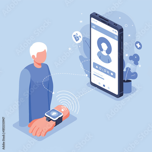 Elderly person using a smartwatch to monitor health and communicate with a doctor via a mobile application
