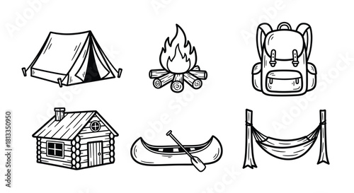 Outdoor adventure elements tent campfire cabin canoe and hammock illustration